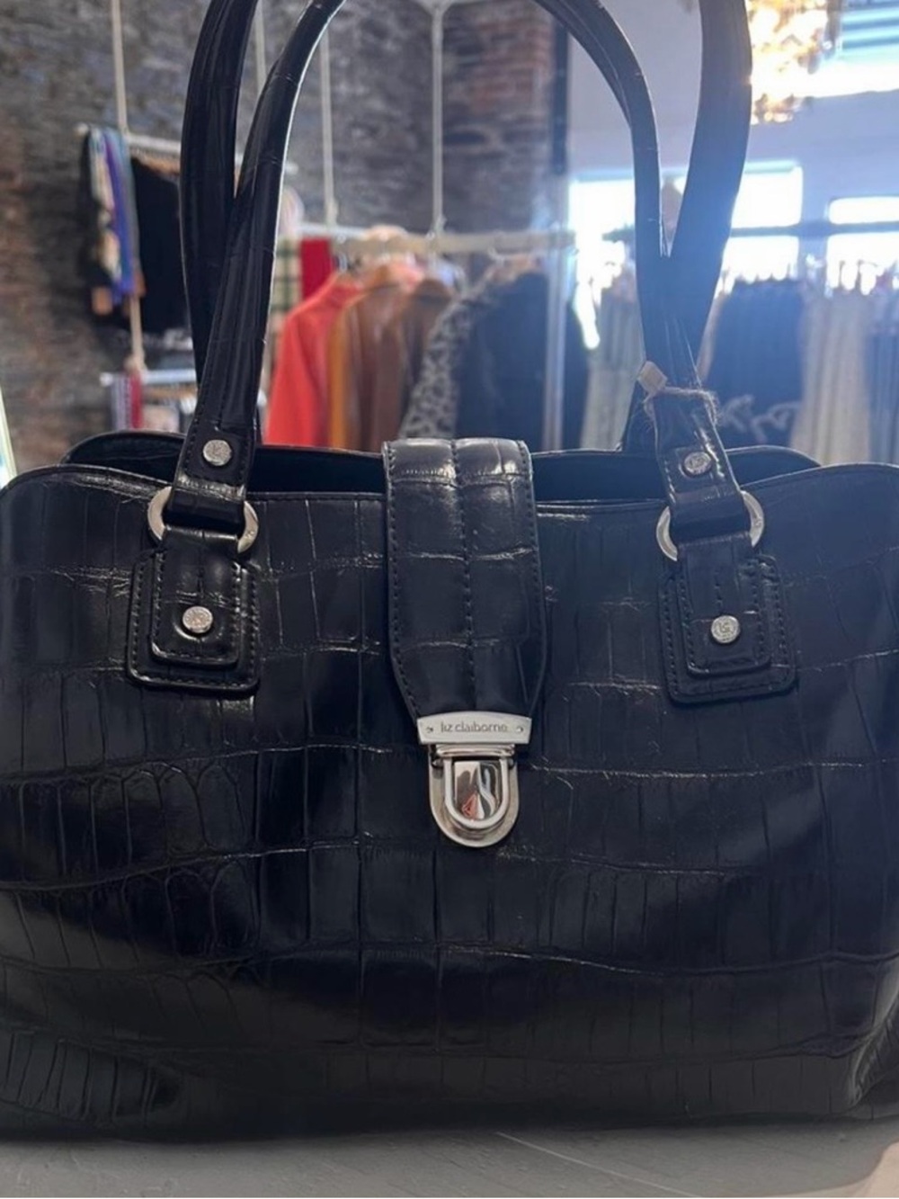 Liz Claiborne Black Croc-Embossed Satchel with Silver Hardware